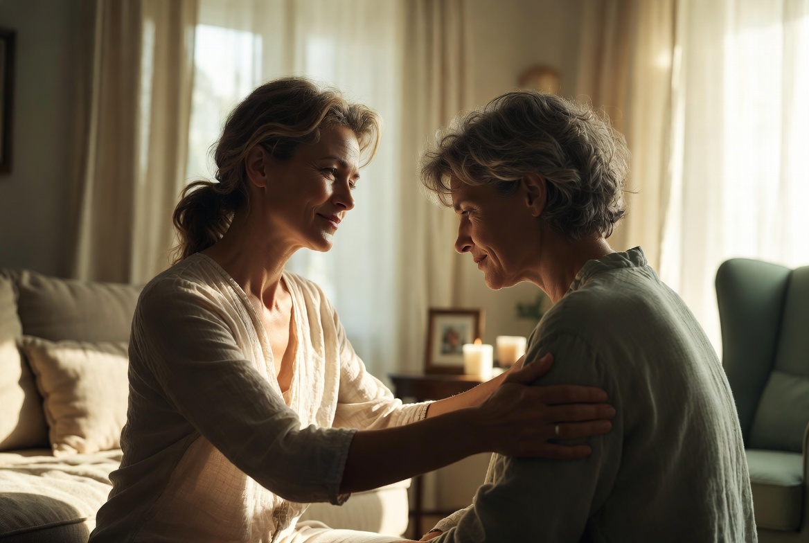 Gentle, soft natural light — hands, window, nature. Avoid obvious grief stock imagery.